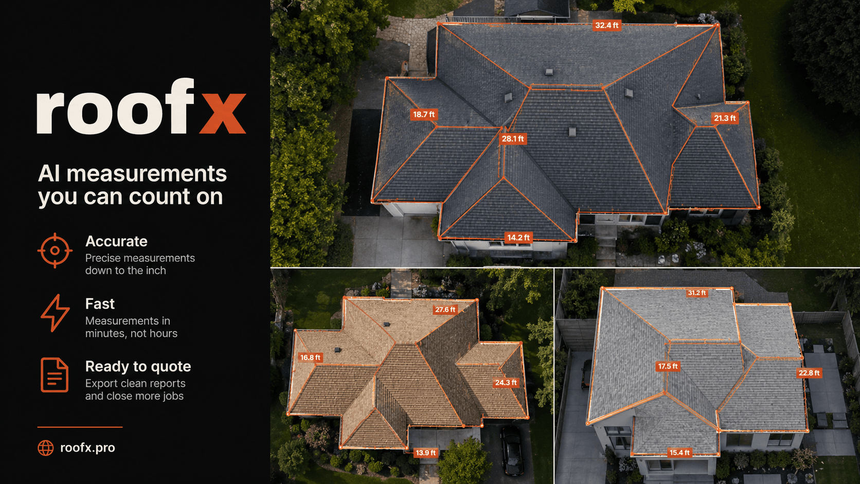 RoofX measured roofs with AI accuracy overlays and measurement stats